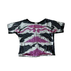 Vintage 1990s Silk Sequin Top Pink Black Silver Abstract